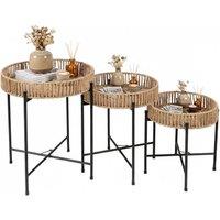 Gymax Set of 3 Round Nesting Side Tables Weaving End Tables With Metal Legs in Natural
