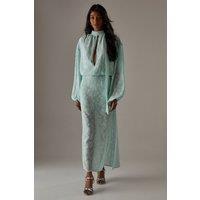 Warehouse Women's Chiffon Jacquard High Neck Slash Front Blouse in Apple Green | Size: 16