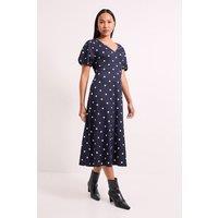 Wallis Women's Polka Dot Print Jersey V Neck Midi Tea Dress in Navy | Size: 14