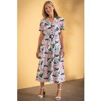 Anna Rose Women's Belted Leaf Print Linen Blend Dress in White | Size: 20
