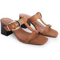 Off the Hook Women's Kelsie Leather T-Strap Buckle Block Heel Mule Sandals in Tan | Size: 6