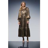 Oasis Women's Lame Balloon Sleeve Midi Dress in Gold | Size: 8