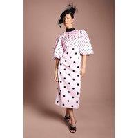 Coast Women's Lisa Tan Puff Sleeve High Neck Spot Satin Midi Dress in Pink | Size: 12