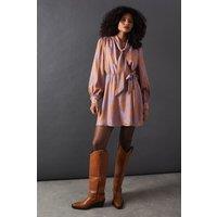 Warehouse Women's Satin Rose Jacquard Tie Neck Flippy Mini Dress in Purple | Size: 8