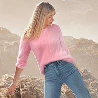 Lands' End Women's Eyelash Fuzzy Pointelle Puff Sleeve Sweater in Pink | Size: 10-12