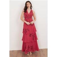 Maya Deluxe Women's Floral Embellished Tiered Maxi Dress in Bright Pink | Size: 16