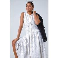 Roman Women's Floral Cotton Broderie Midi Dress in White | Size: 20