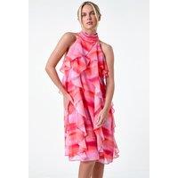 Roman Women's Petite Abstract Halter Neck Ruffle Dress in Pink | Size: 10