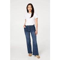 Izabel London Women's Stud Trim Detail High Waist Flare Jeans in Blue | Size: 18