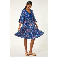 Roman Women's Floral Print Lace Detail Smock Dress in Blue | Size: 16