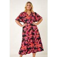 Roman Women's Curve Leaf Print Wrap Midi Dress in Pink | Size: 16