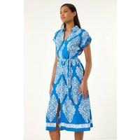 Roman Women's Geometric Print Belted Shirt Midi Dress in Royal | Size: 20