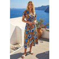 Roman Women's Floral Print Shirred Midi Dress in Orange | Size: 12