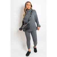 IKRUSH Women's Mila Chunky Knitted High Roll Neck Top Bottom Co-ord Set in Dark Grey | Size: Medium/Large