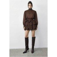 Bianco Lucci Women's Textured Mini Dress with Half Turtleneck & Lace Detail in Dark Brown | Size: Large