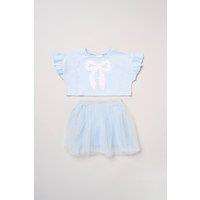 Miss Girl's Bow Applique Short Sleeve T-Shirt & Tutu Skirt Outfit Set in Light Blue | Size: 3 Years