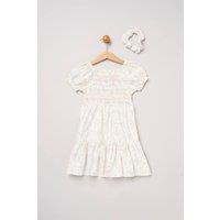 Miss Girl's Floral Embroidered Smocked Dress with Scrunchie in White | Size: 4 Years