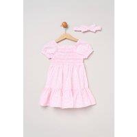 Miss Girl's Floral Smocked Embroidery Dress with Matching Headband in Pink | Size: 18-24 m