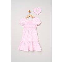 Miss Girl's Floral Smocked Embroidery Dress with Matching Scrunchie in Pink | Size: 4 Years