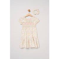Miss Girl's Ditsy Embroidered Smocked Dress with Scrunchie in Cream | Size: 4 Years