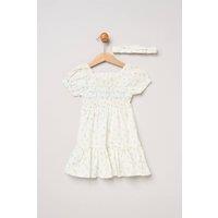 Miss Girl's Ditsy Smocked Embroidery Dress with Matching Headband in Cream | Size: 9-12 m