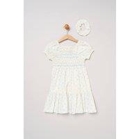 Miss Girl's Ditsy Smocked Embroidery Dress with Matching Scrunchie in Cream | Size: 3 Years