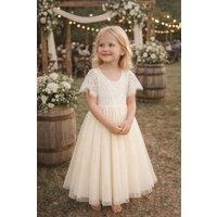 UK Flower Girl Boutique Girl's Bohemian Classic Flutter Dress in Ivory | Size: 2-3 Years