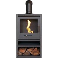 OKO Bio Ethanol Fires S1 Bio Ethanol Stove with Log Storage in Charcoal Grey & Angled Stove Pipe in Black