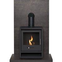 Acantha Fires & Fireplaces Tile & Hearth Set in Bronze Venetian Plaster Effect with OKO S1 Stove & Angled Pipe in Black