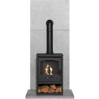 Acantha Fires & Fireplaces Tile & Hearth in Concrete Effect with OKO S2 Stove, Store & Tall Pipe in Black