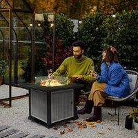 OUTSUNNY Square Propane Gas Fire Pit Table Firepit with Glass Screen, Glass Beads & Lid in Grey
