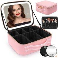 Dragodirect Travel Makeup Organizer with LED Mirror Waterproof Cosmetic Bag in Pink