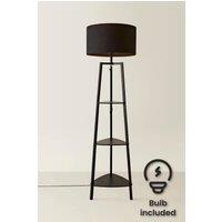 ValueLights Hiru Black 3 Tier Shelf Floor Lamp with Large Drum Shade & Bulb