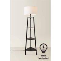 ValueLights Hiru Black 3 Tier Shelf Floor Lamp with Large Drum Shade & Bulb in White
