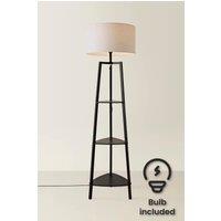 ValueLights Hiru Black 3 Tier Shelf Floor Lamp with Large Drum Shade & Bulb in Light Grey