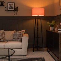 ValueLights Hiru Black 3 Tier Shelf Floor Lamp with Large Drum Shade & Bulb in Pale Pink