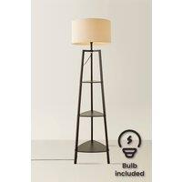 ValueLights Hiru Black 3 Tier Shelf Floor Lamp with Large Drum Shade & Bulb in Cream