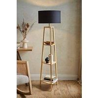 ValueLights Hiru Natural 3 Tier Wooden Shelf Floor Lamp with Large Drum Shade in Black