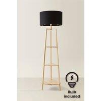 ValueLights Hiru 3 Tier Wooden Shelf Floor Lamp with Large Drum Shade & Bulb in Black