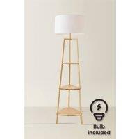 ValueLights Hiru 3 Tier Wooden Shelf Floor Lamp with Large Drum Shade & Bulb in White