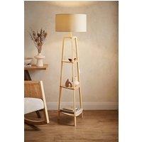 ValueLights Hiru Natural 3 Tier Wooden Shelf Floor Lamp with Large Drum Shade in Nude