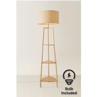 ValueLights Hiru 3 Tier Wooden Shelf Floor Lamp with Large Drum Shade & Bulb in Nude
