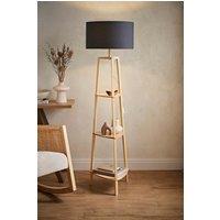 ValueLights Hiru Natural 3 Tier Wooden Shelf Floor Lamp with Large Drum Shade in Charcoal