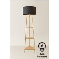 ValueLights Hiru 3 Tier Wooden Shelf Floor Lamp with Large Drum Shade & Bulb in Charcoal