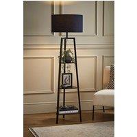 ValueLights Hiru Black 3 Tier Wooden Shelf Floor Lamp with Large Drum Shade in Navy
