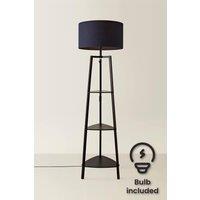 ValueLights Hiru Black 3 Tier Shelf Floor Lamp with Large Drum Shade & Bulb in Navy