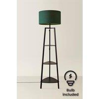 ValueLights Hiru Black 3 Tier Shelf Floor Lamp with Large Drum Shade & Bulb in Bottle Green