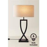 ValueLights Katniss Metal Industrial Tall Table Lamp with Linen Shade & Bulb in Black