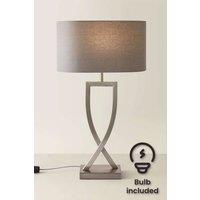 ValueLights Katniss Metal Industrial Tall Table Lamp with Linen Shade & Bulb in Silver
