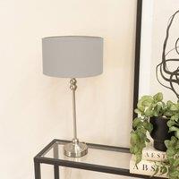 ValueLights Maggie Brushed Chrome Candlestick Slim Table Lamp Fabric Drum Lamp Shade in Grey